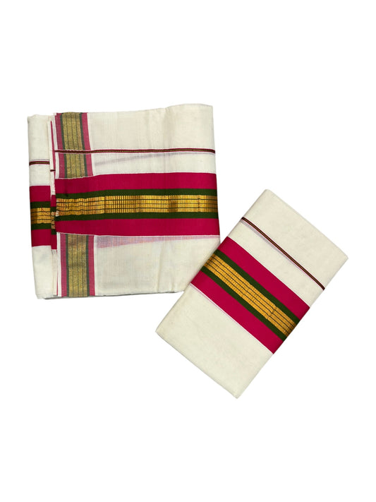Kerala Cotton Kasavu Set Mundu (Mundum Neriyathum) with Magenta and Green Border 2.80 Mtrs