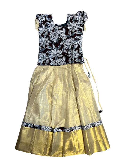 Southloom Kerala  Ajrakh Top and Tissue Pavada with Kasavu Printed Border