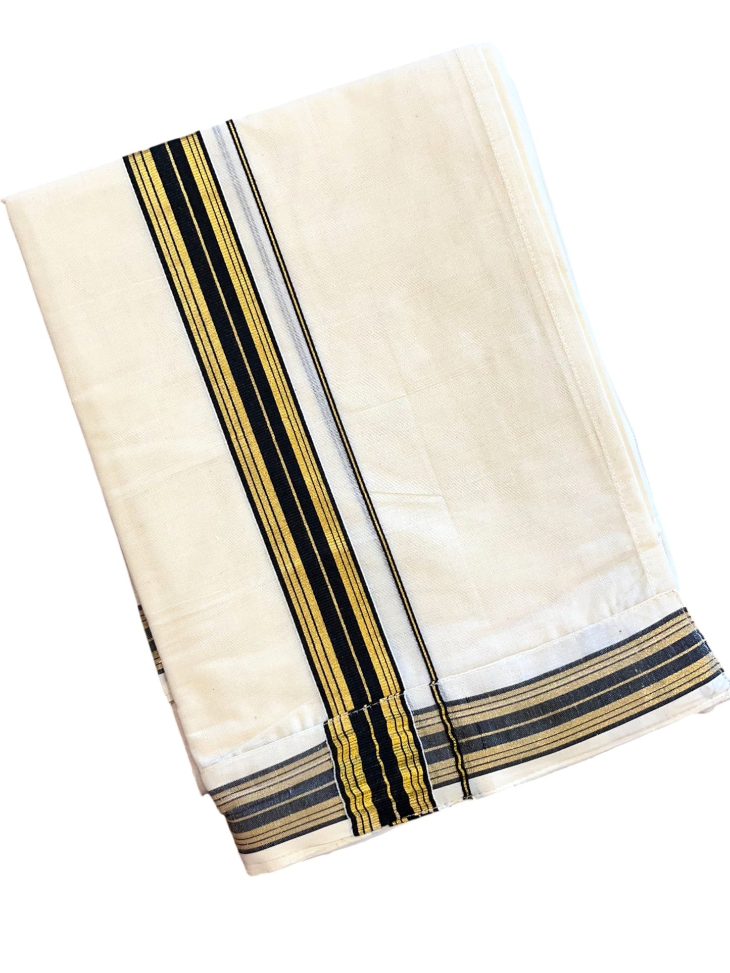 Southloom Off White Pure Cotton VELCRO Single Mundu with Gold Kasavu and Black Border (South Indian Kerala Dhoti)