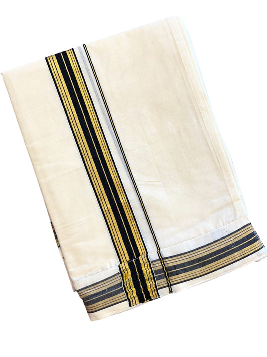 Southloom Off White Pure Cotton VELCRO Single Mundu with Gold Kasavu and Black Border (South Indian Kerala Dhoti)