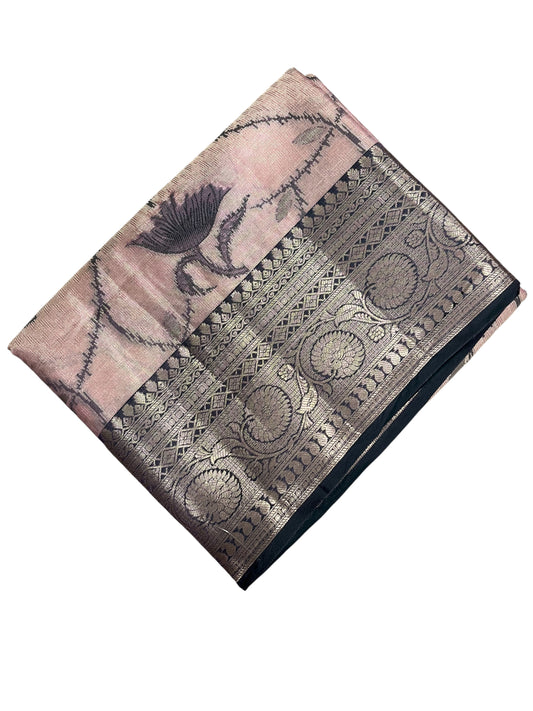 Southloom Tissue Silk Saree with Woven Work on Body and Borders (Pink & Green)