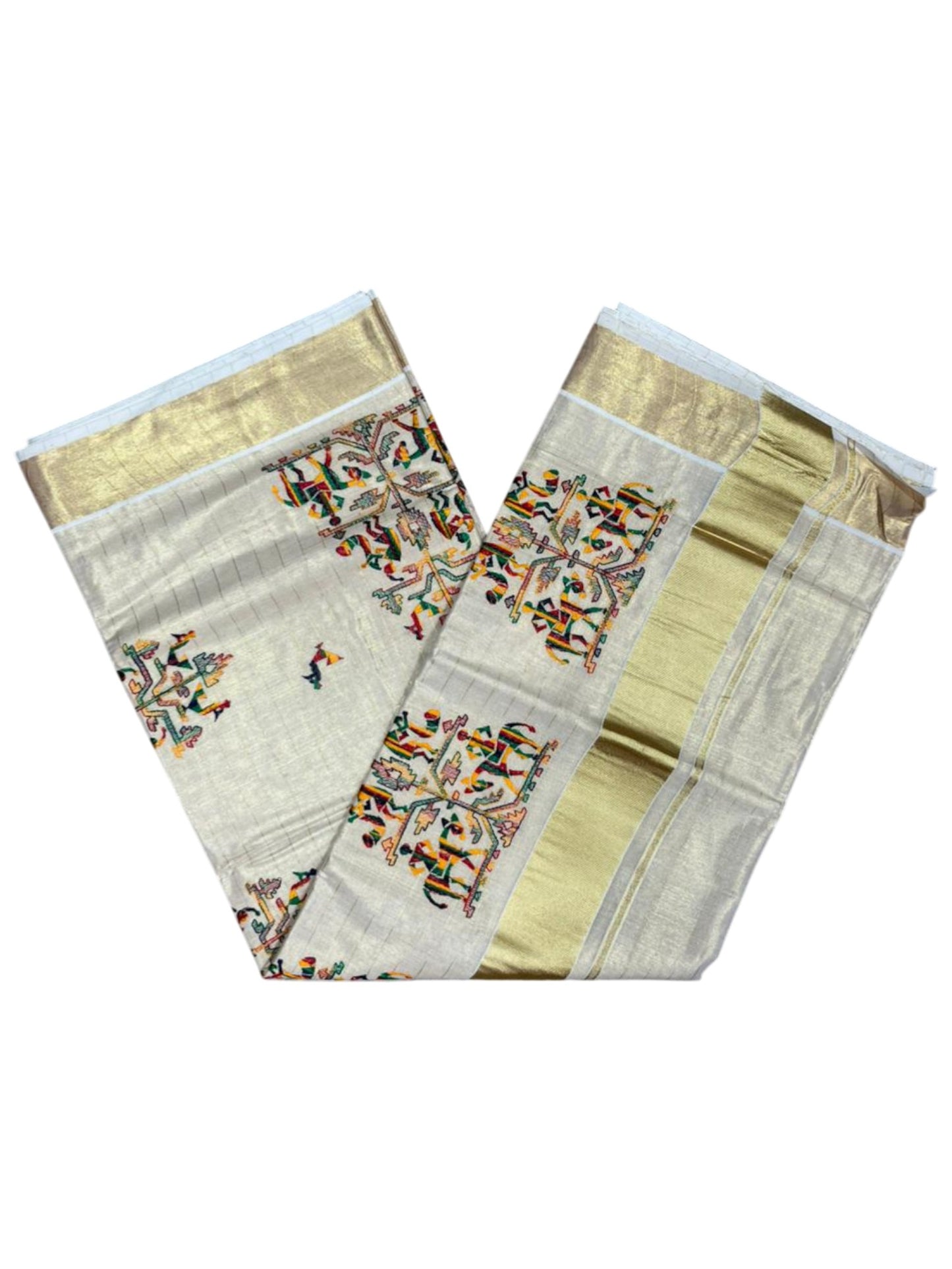 Southloom Tissue Kerala Kasavu Lines Saree with Kantha Embroidery Work on Body