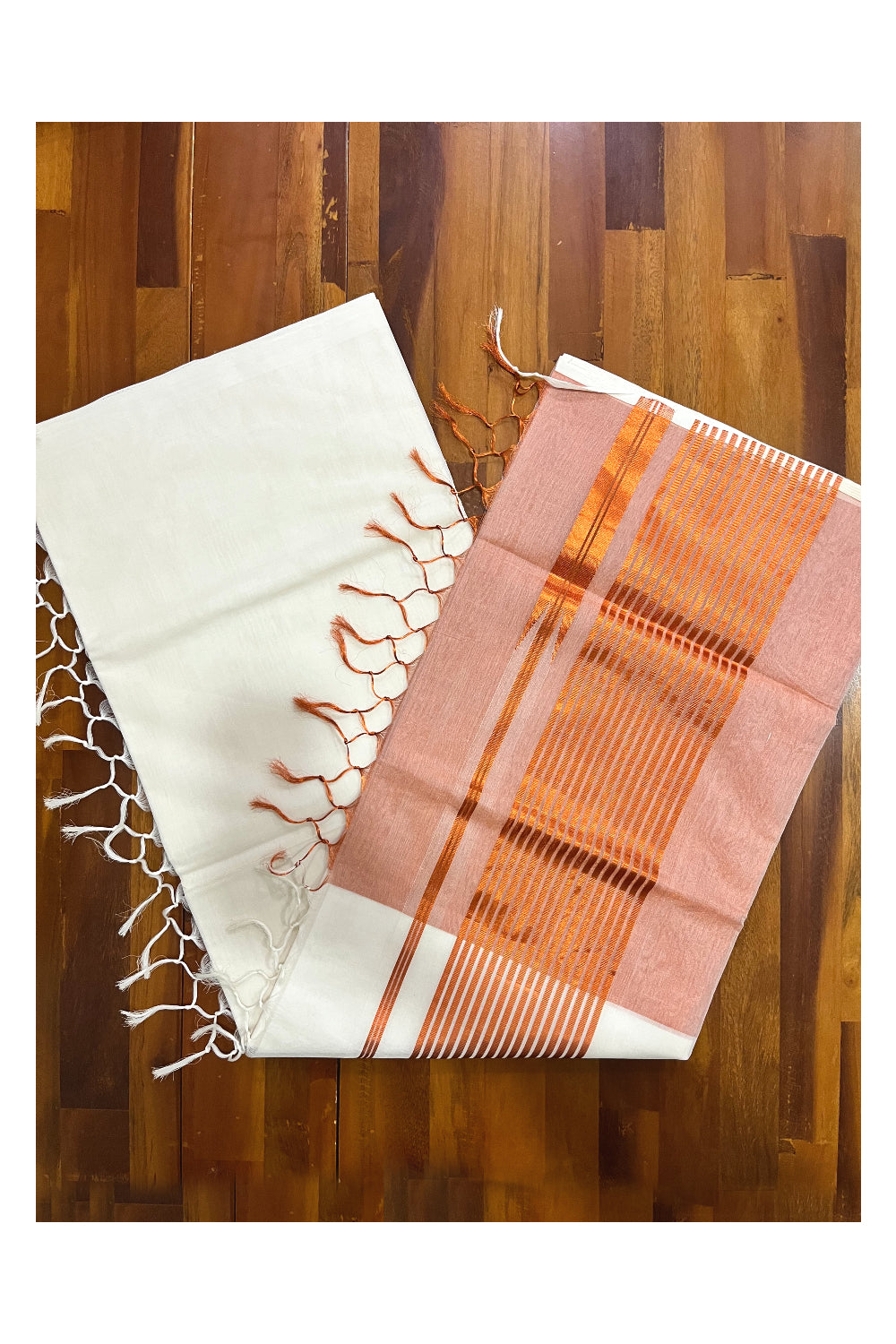 Southloom™ Premium Handloom Half & Half (Cotton / Tissue) Kerala Saree with Copper Kasavu Pallu