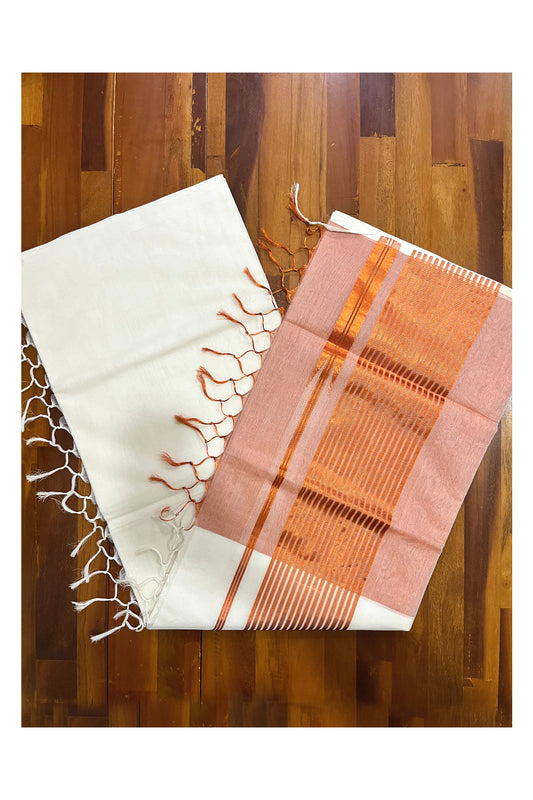 Southloom™ Premium Handloom Half & Half (Cotton / Tissue) Kerala Saree with Copper Kasavu Pallu
