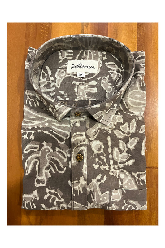 Southloom Jaipur Cotton Ash Black Hand Block Printed Shirt (Full Sleeves)