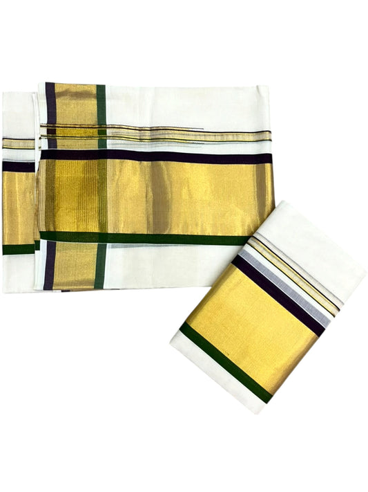 Southloom Premium Handloom Set Mundu with Purple & Olive Green Border and Kasavu Lines Across Body 2.80 Mtrs SL632