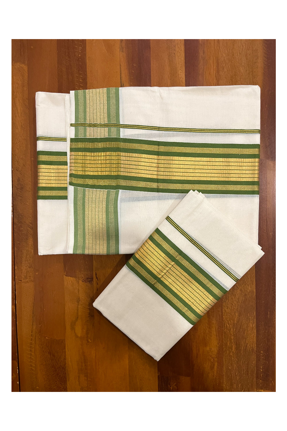 Pure Cotton Mundum Neriyathum Double (Set Mundu) with Green and Kasavu Border 2.80 Mtrs