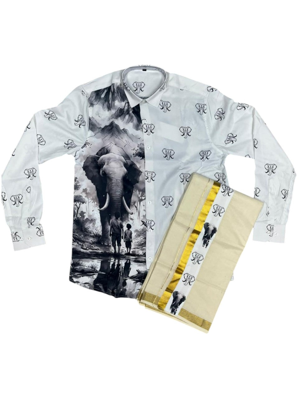 Southloom Premium Satin Elephant Digital Print Design Men's Combo  (Shirt + Mundu) SL576