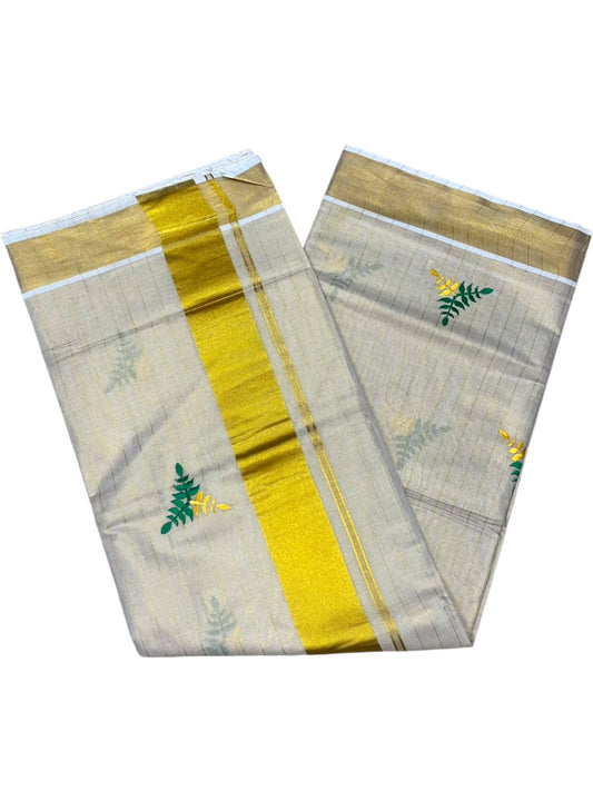 Southloom Kerala Tissue Kasavu Line Saree with Green & Yellow Floral Embroidery Works