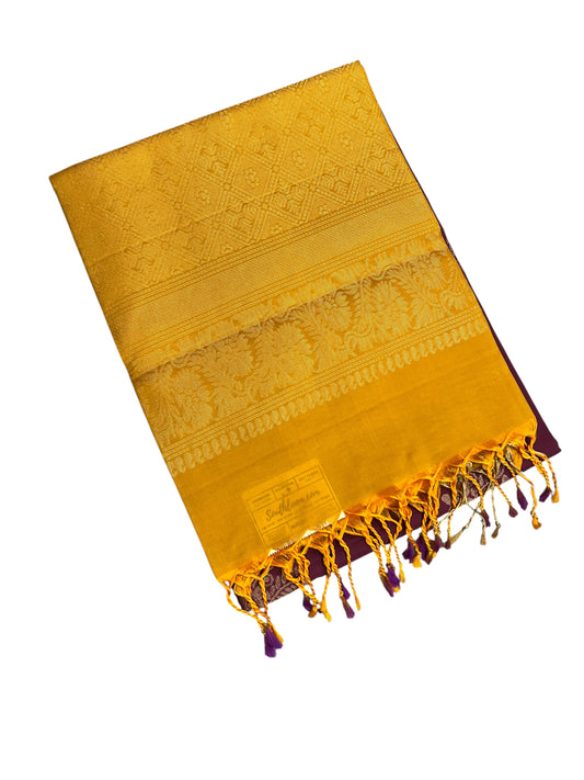 Southloom Pure Handloom Kanchipuram Silk Saree with Butta Work (Yellow & Purple)