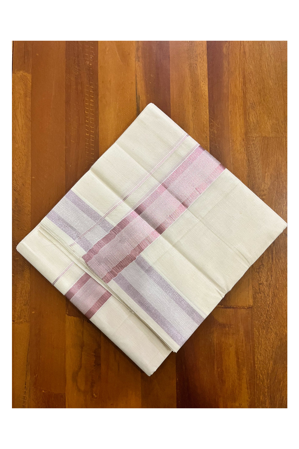 Pure Cotton Kerala Double Mundu with Rose Copper Kasavu Border (South Indian Kerala Dhoti)