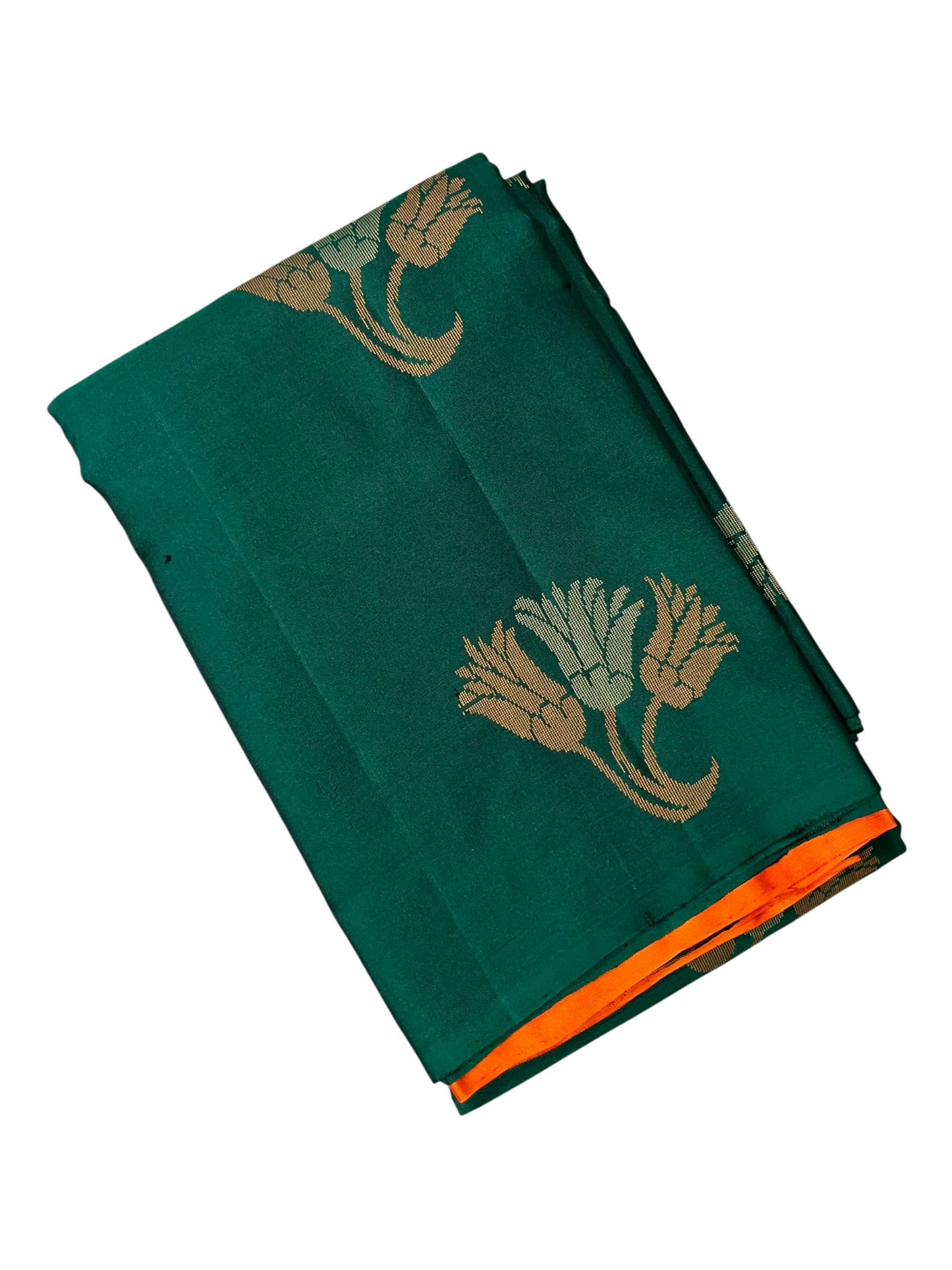 Southloom Pure Handloom Bridal Kanchipuram Silk Saree with Korvai Work (Green & Orange)