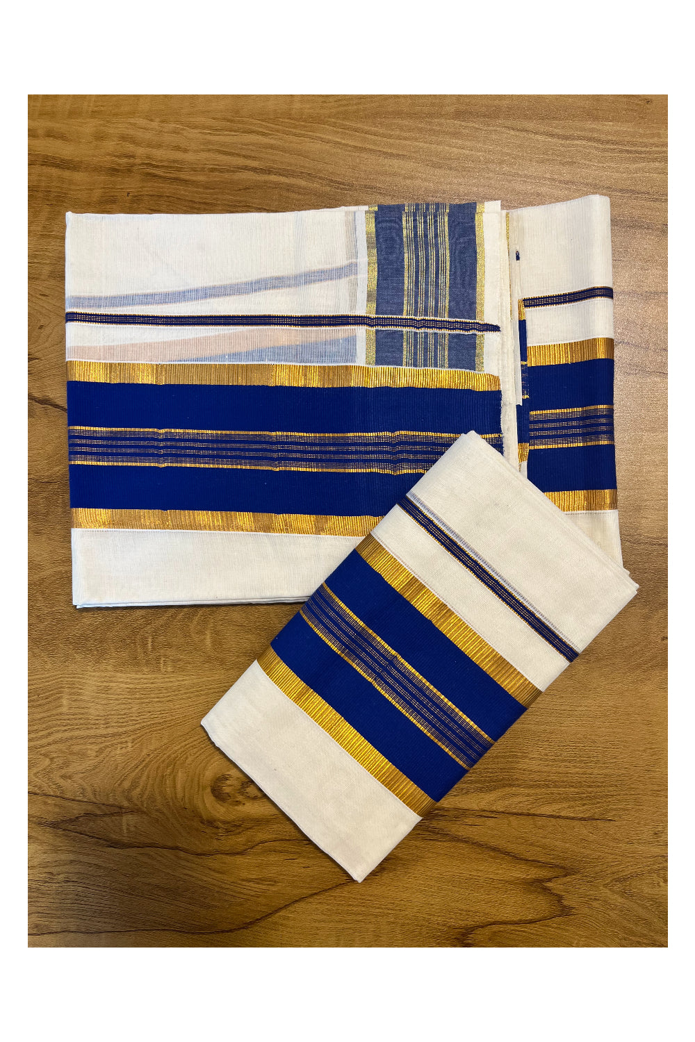 Kerala Cotton Set Mundu (Mundum Neriyathum) with Kasavu and Blue Border