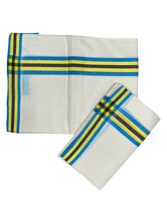 Southloom Pure Cotton Kerala Single Mulloth Set Mundu (Mundum Neriyathum) Blue & Yellow Border in 2.50 mtrs SL243