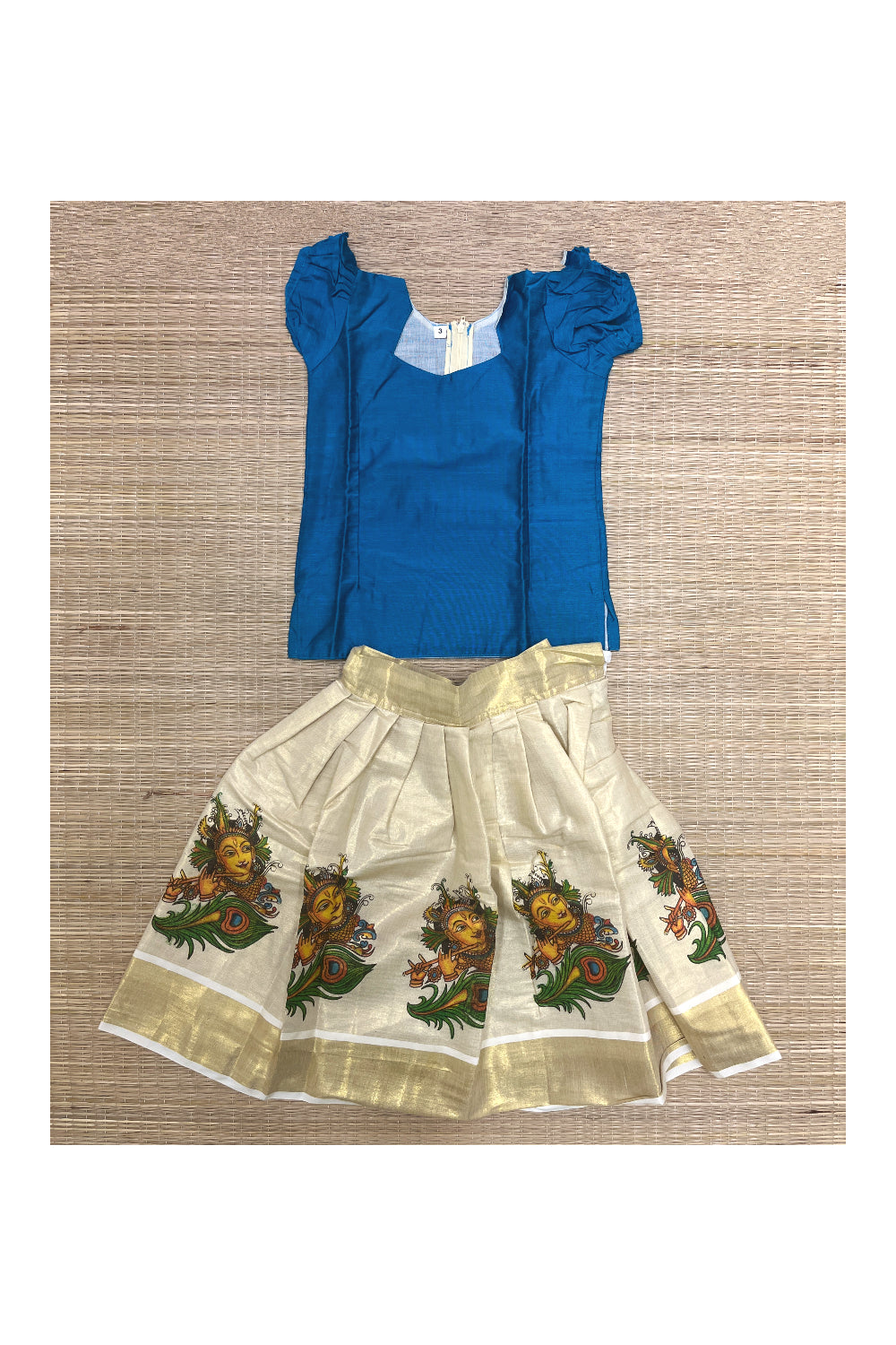 Southloom Kerala Tissue Pavada and Blouse with Krishna Mural Designs (Age - 3 Years)