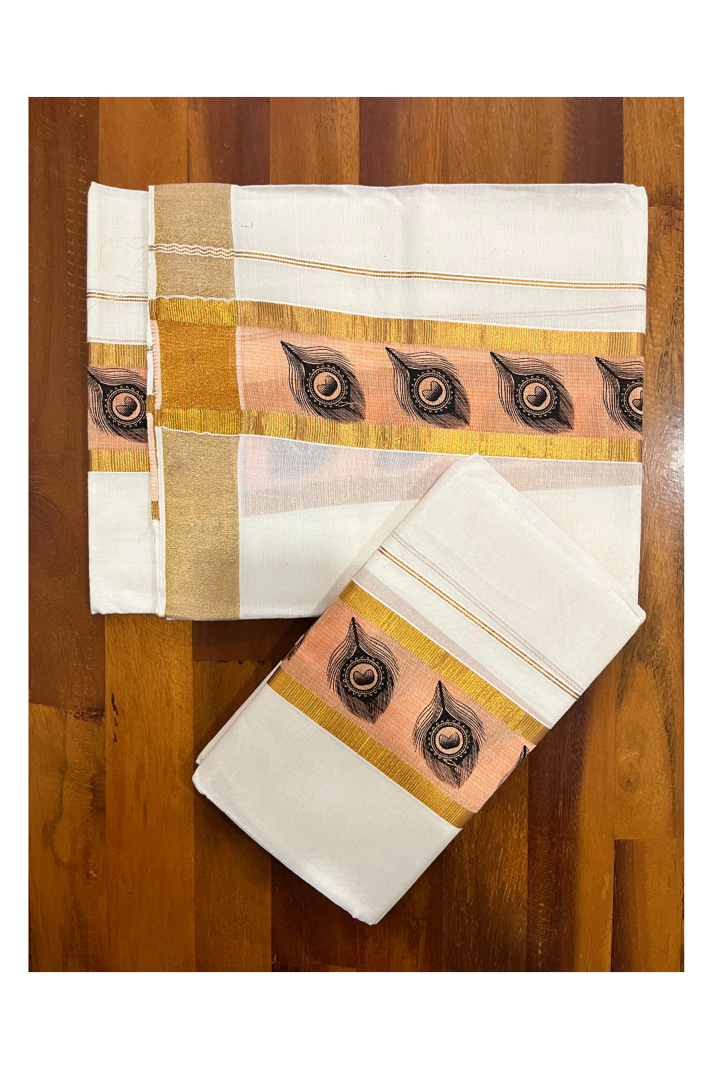 Kerala Pure Cotton Set Mundu Single (Mundum Neriyathum) with Feather Block Prints on Peach and Kasavu Border