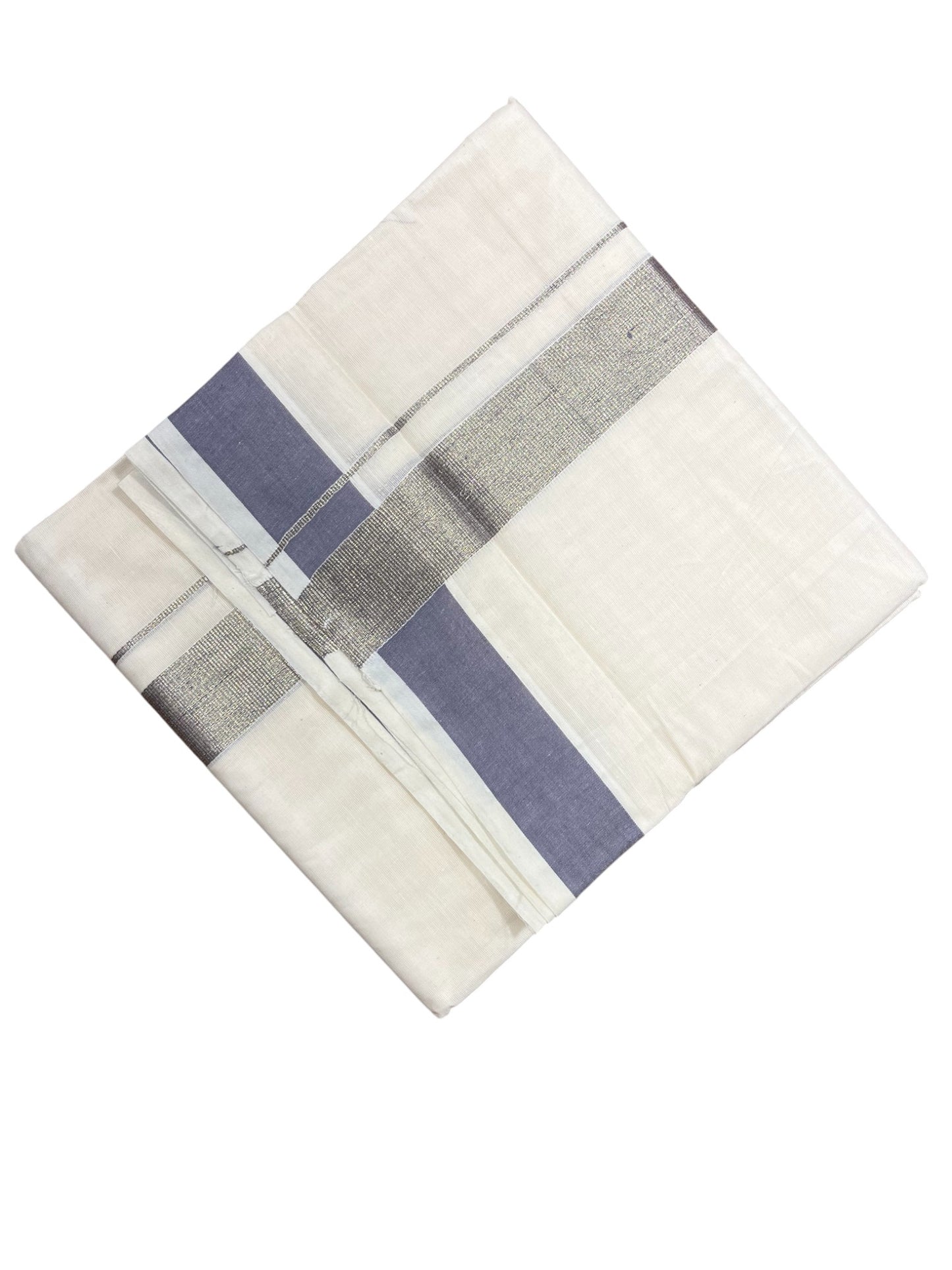 Southloom Kerala Pure Cotton Double Mundu with Grey Lines & Blue Border (South Indian Dhoti)