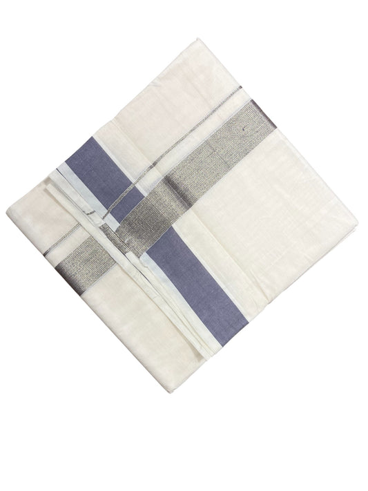 Southloom Kerala Pure Cotton Double Mundu with Grey Lines & Blue Border (South Indian Dhoti)