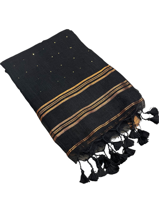 Southloom Mul Cotton 120 x 120 Soft Fabric Onam Saree in Blackwith Sequins Work