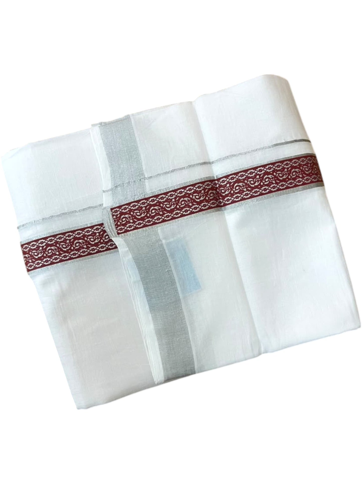 Southloom Pure White Cotton Mundu with Brick Red and Silver Kasavu Border (South Indian Kerala Dhoti)