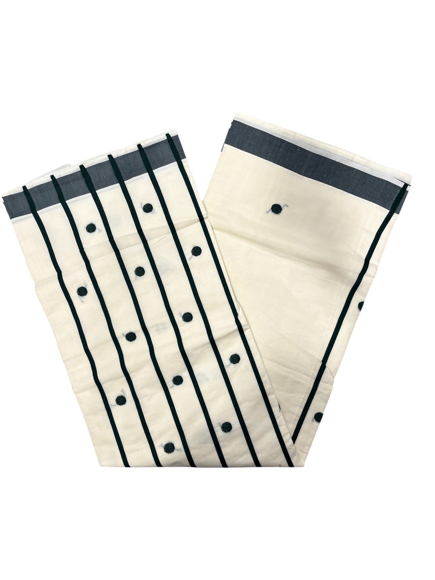 Southloom Kerala Pure Cotton Saree with Green Polka Embroidery Works on Body