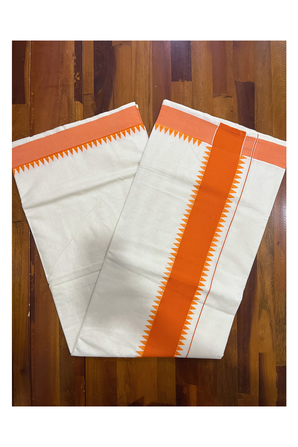 Kerala Pure Cotton Saree with Orange Temple Block Prints on Border