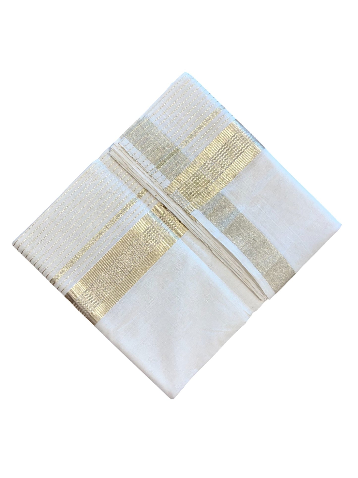 Southloom Premium Handloom Cotton Gold Kasavu Double Mundu with Stripes on Kara