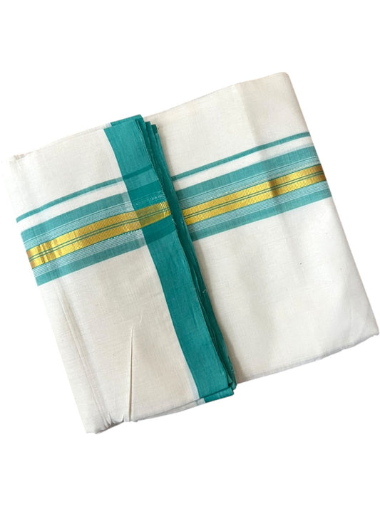 Southloom Balaramapuram Unakkupaavu Premium Handloom Cotton Double Mundu with Gold Kasavu and Turquoise Border