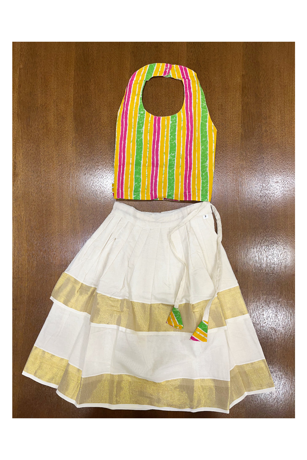 Pure Cotton Green,Pink & Yellow Colour Floral Crop Top and Off White Pavada (Age - 1)