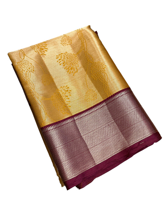 Southloom Tissue Silk Saree with Woven Work on Body and Borders (Golden & Magenta)
