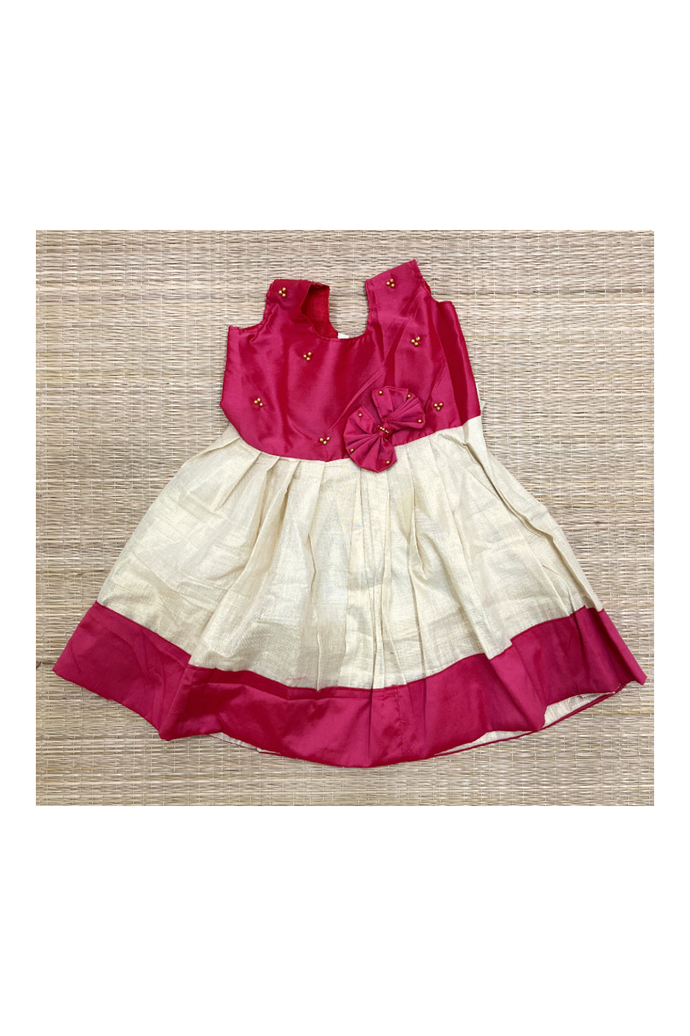 Southloom Kerala Tissue Frock with Magenta Bead Work Designs for Kids (1 Year)