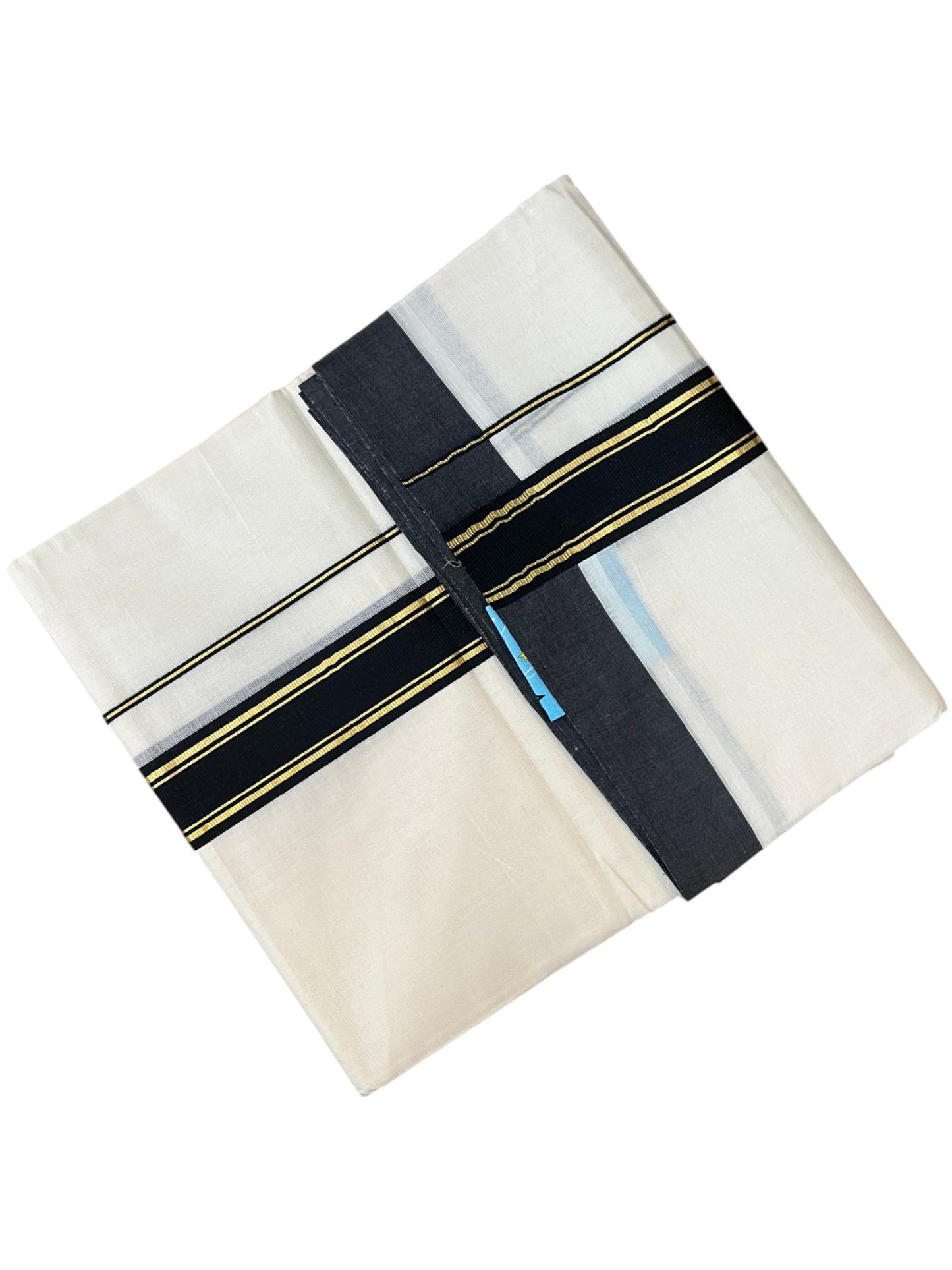 Southloom Pure Cotton Mundu with Golden Lines and Black Border (South Indian Kerala Dhoti)