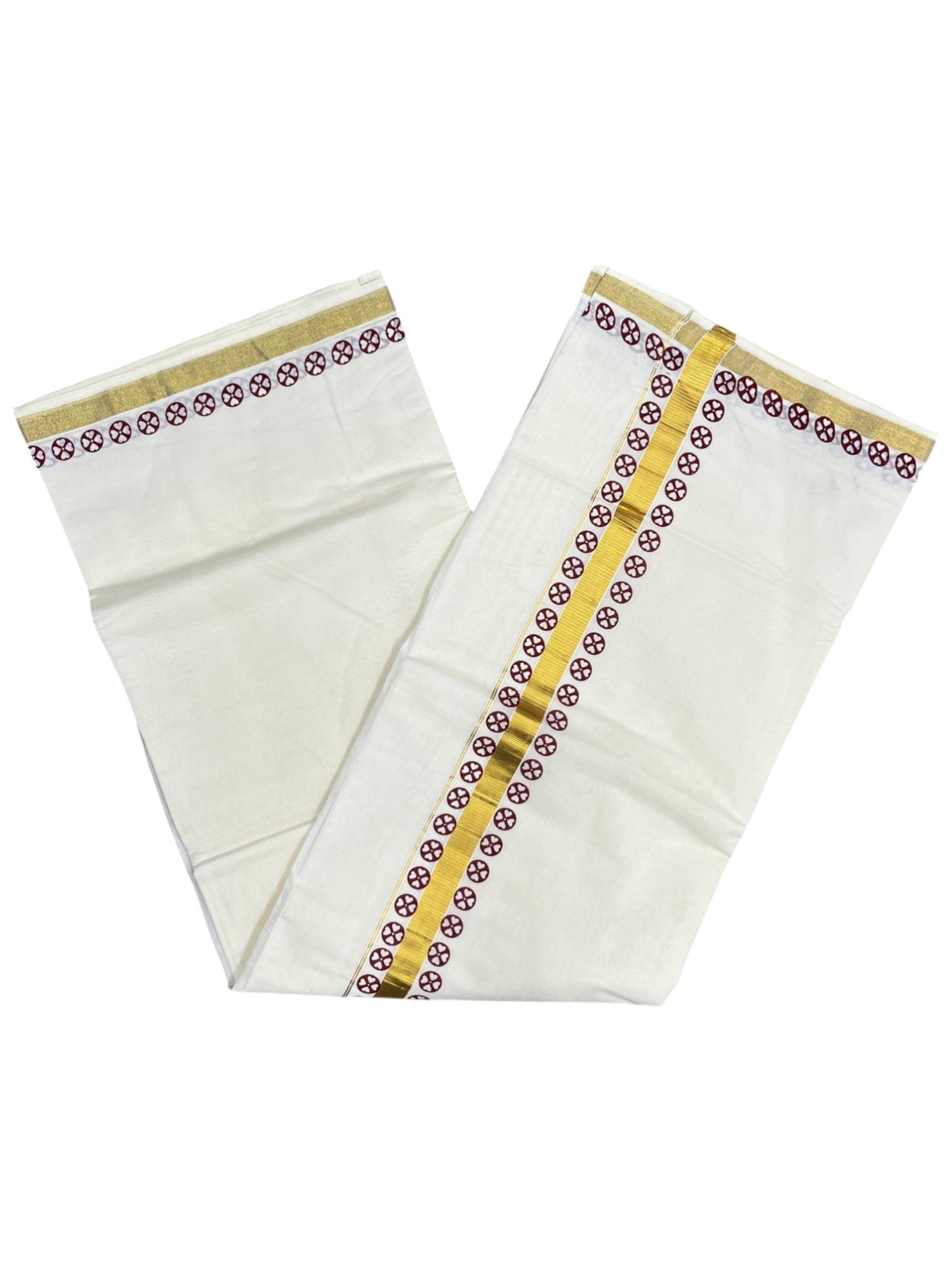 Southloom Cotton Kerala Kasavu Saree with Block Printed Design on Borders and Kara in Maroon