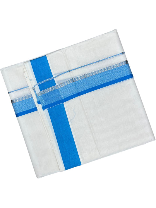 Southloom Pure Cotton Mundu with Silver Lines and Blue Border (South Indian Kerala Dhoti)