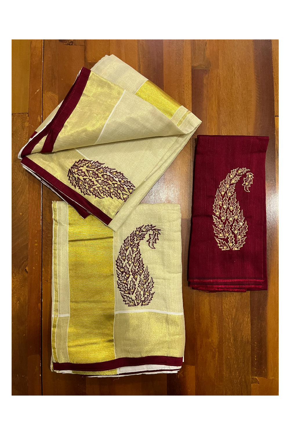 Kerala Tissue Kasavu Set Mundu (Mundum Neriyathum) with Handwork Embroidery Design and Maroon Blouse Piece