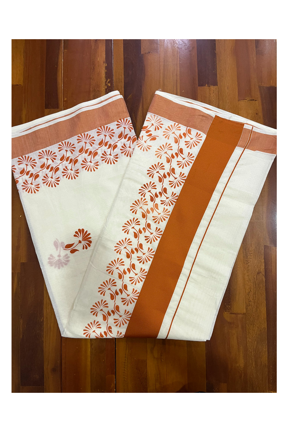 Kerala Pure Cotton Saree with Orange Block Prints on Border