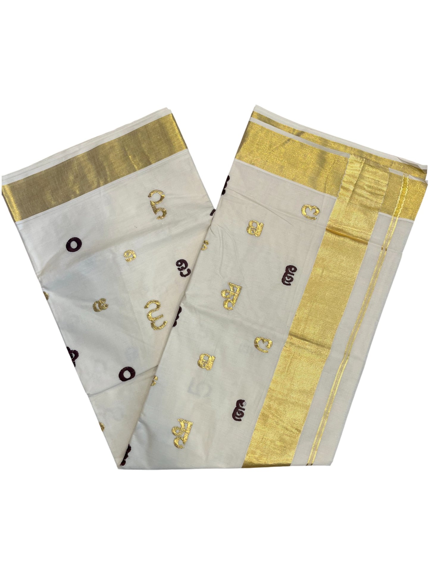 Southloom Kerala Cotton Kasavu Saree with Gold and Brown Malayalam Aksharamala Embroidery Work on Body