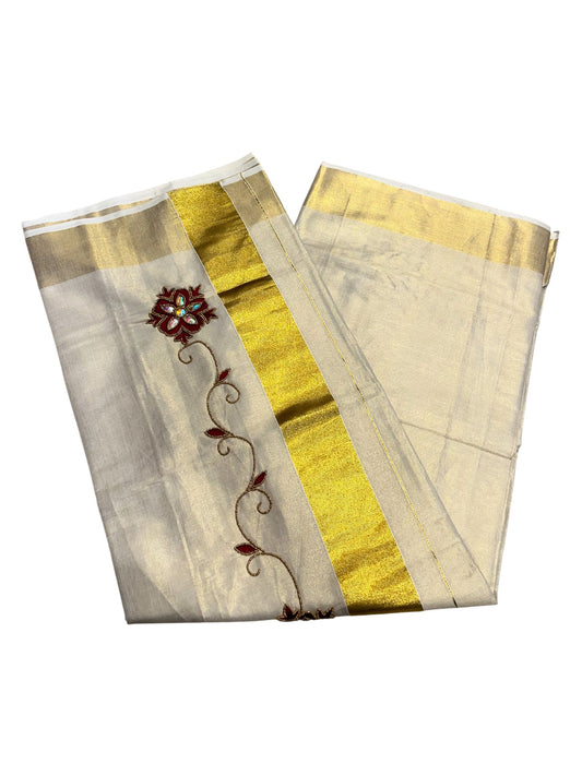 Kerala Tissue Kasavu Saree with Floral Embroidery and Sequins Work on Body