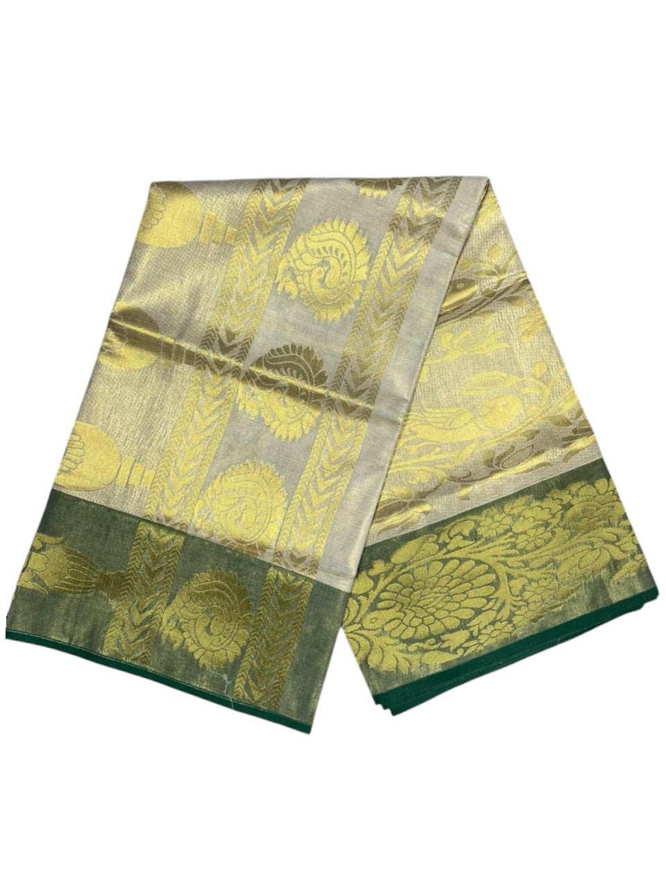 Southloom  Kerala Tissue Kasavu Heavy Work Saree with Peacock Design And Green Border SL483