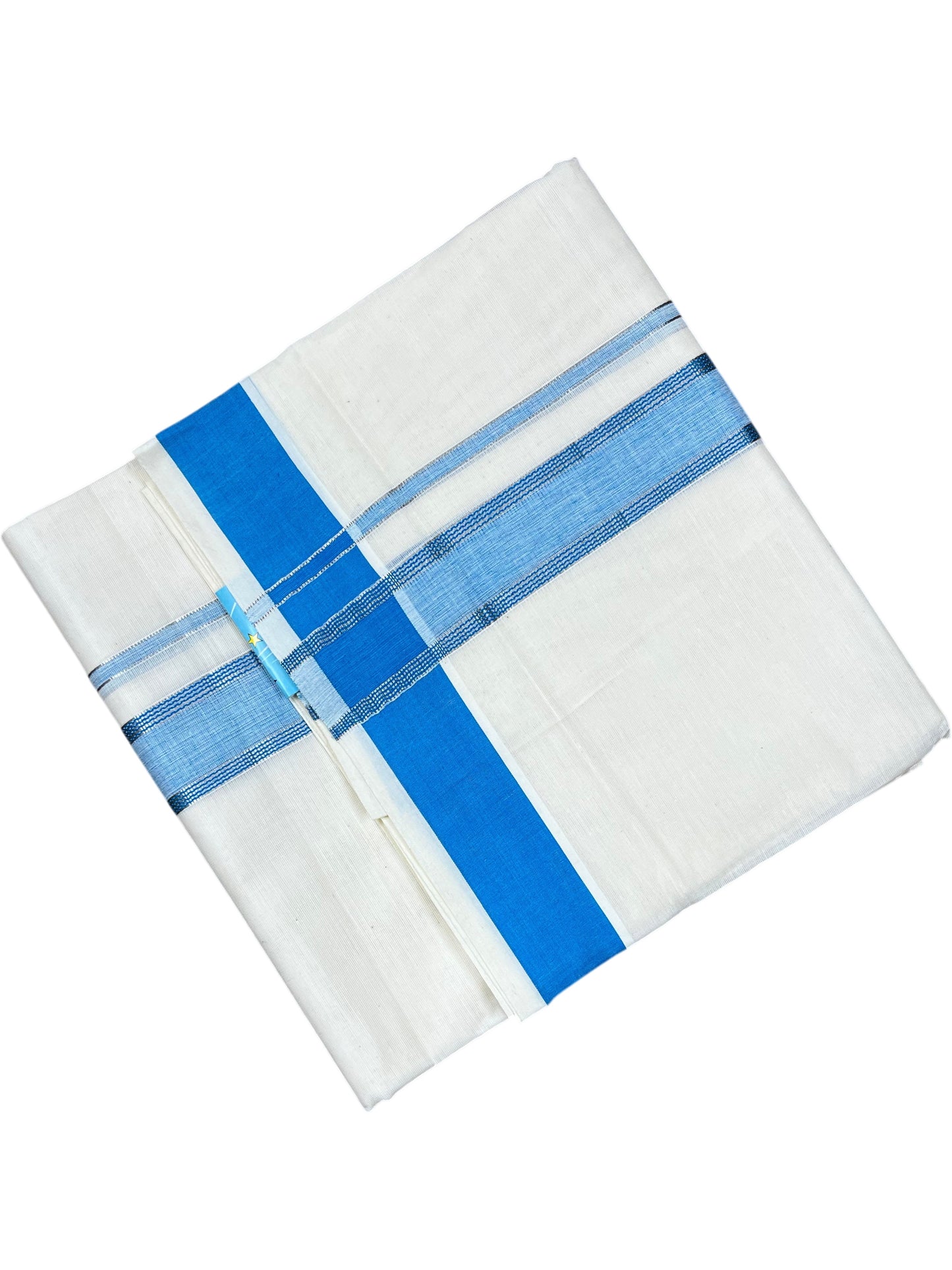 Southloom Kerala Pure Cotton Double Mundu with Silver Lines and Blue Border with (South Indian Dhoti)