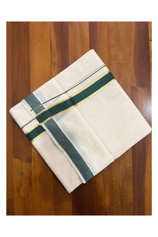 Pure Cotton Double Mundu with Kasavu Green Kara (South Indian Kerala Dhoti)