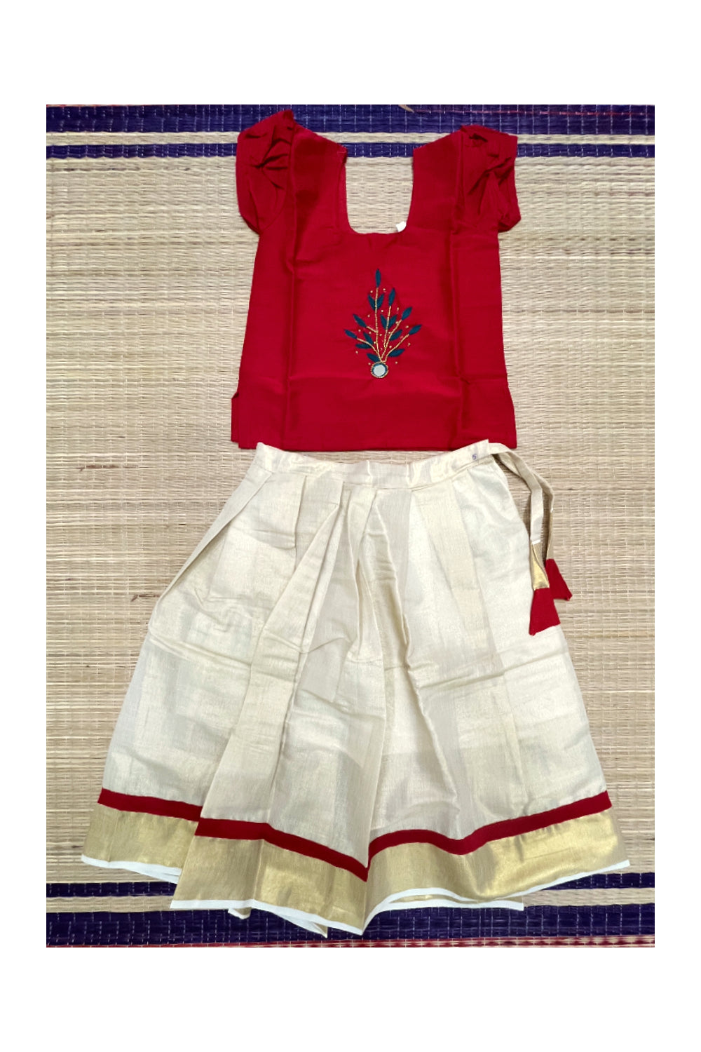 Southloom Kerala Pavada Blouse in Red with Bead Work Designs (Age - 5 Years)