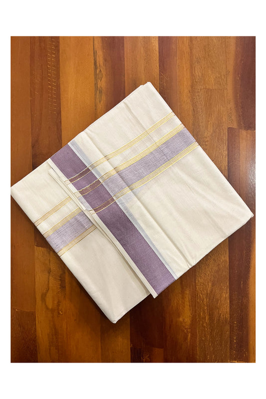 Off White Kerala Cotton Double Mundu with Kasavu and Light Violet Border (South Indian Kerala Dhoti)