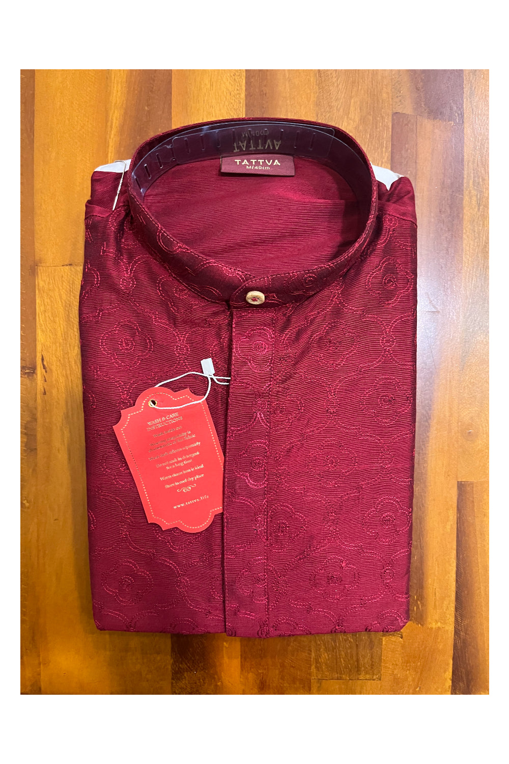 Southloom Maroon Embroidered Semi Silk Short Kurta for Men