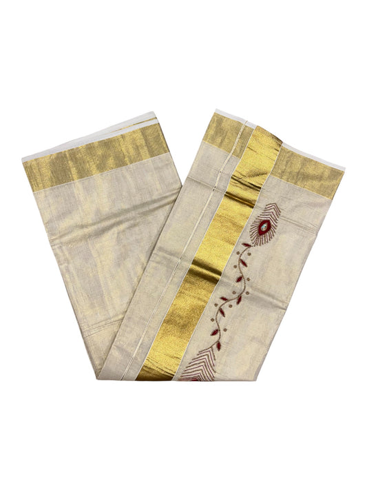 Kerala Tissue Kasavu Saree with Floral Embroidery and Sequins Work on Body