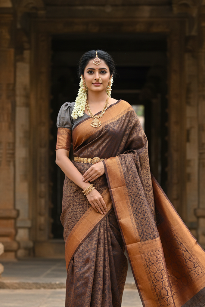 Southloom Brocade Silk Bridal Saree WIth Woven Borders And Blouse Piece in Gold And Grey
