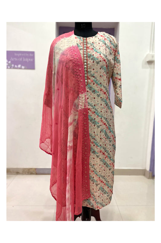 Southloom Stitched Salwar Set with Pink Prints in Off White
