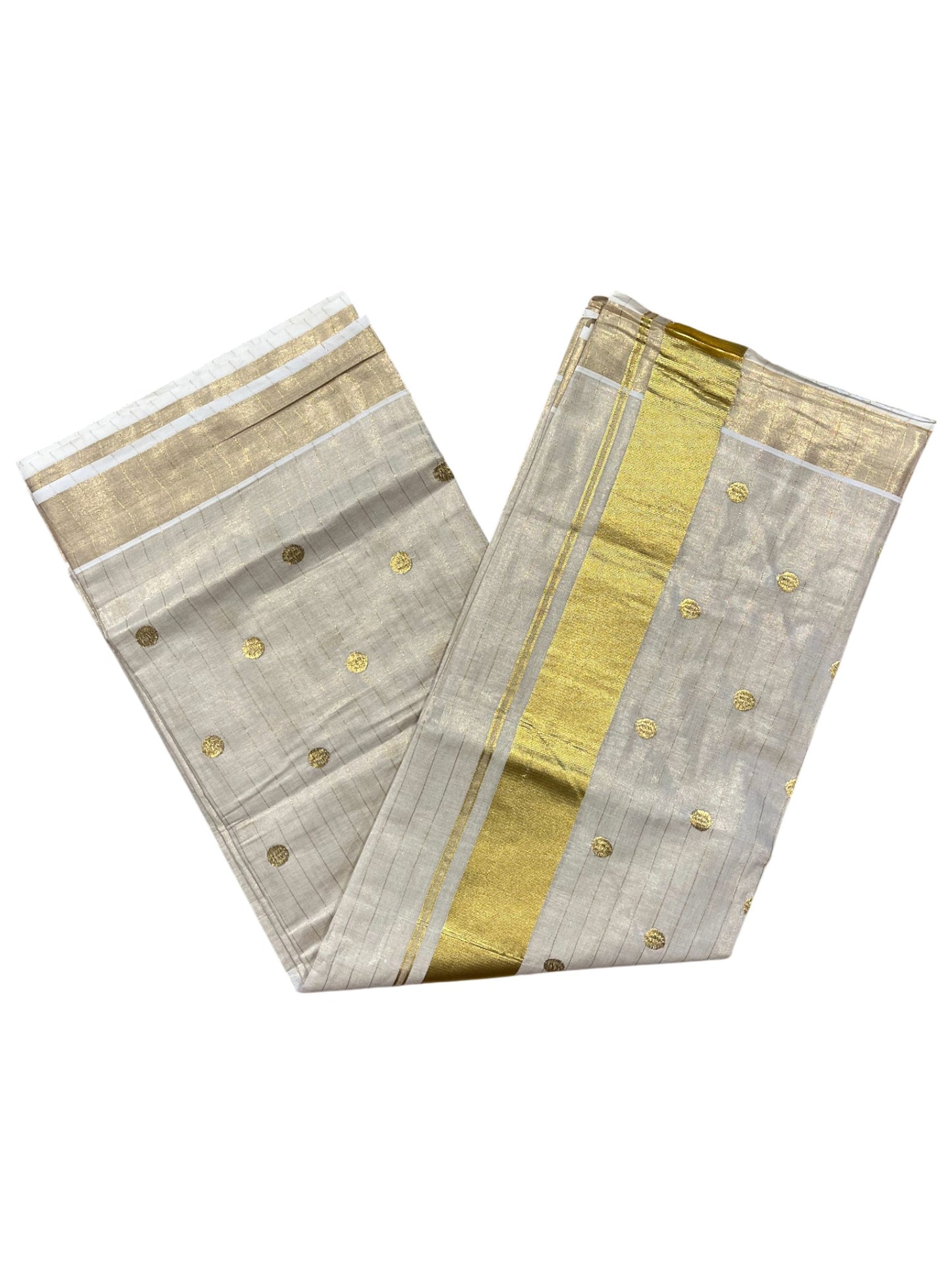 Southloom Kerala Tissue Kasavu Stripes Saree with Polka Embroidery Works Across Body