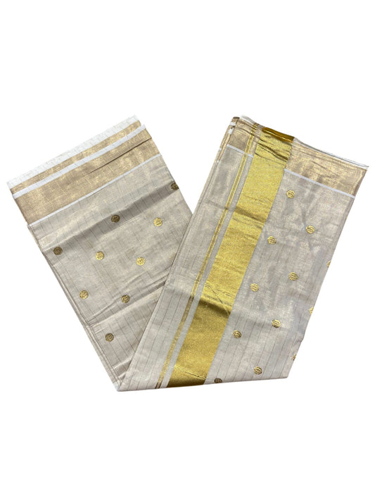 Southloom Kerala Tissue Kasavu Stripes Saree with Polka Embroidery Works Across Body