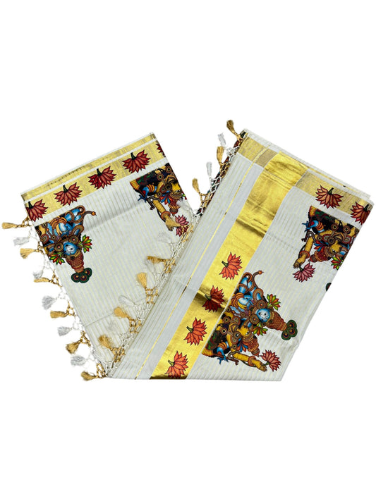 Southloom Pure Cotton Kerala Kasavu Lines Saree with Krishna Radha Mural Printed Art Design and Printed Border